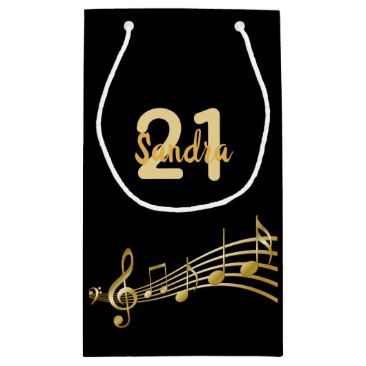Monogram zwarte goudmuzieknoten op jaardag klein cadeauzakje (Achterkant)