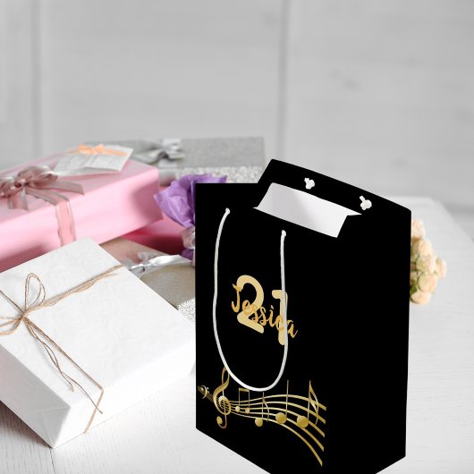 Monogram zwarte goudmuzieknoten op jaardag medium cadeauzakje