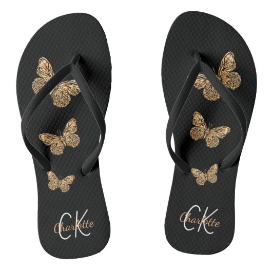 Monogram zwarte goudvlinder teenslippers (Voetbed)