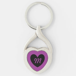 Monogram Zwarte hart op paars Sleutelhanger