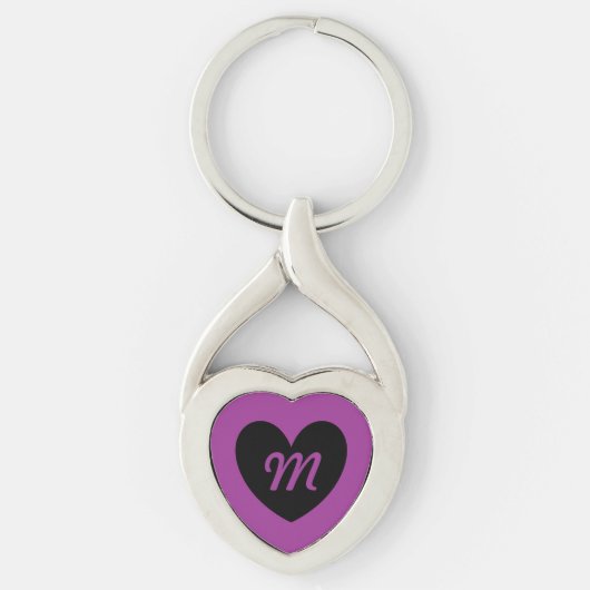 Monogram Zwarte hart op paars Sleutelhanger (Voorkant)