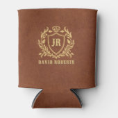 Monogram Zwarte Heraldische Crest Bruin Kunstleer Blikjeskoeler (Voorkant)