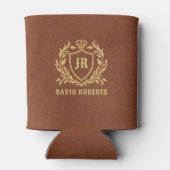 Monogram Zwarte Heraldische Crest Bruin Kunstleer Blikjeskoeler (Achterkant)