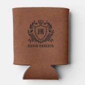 Monogram Zwarte Heraldische Crest Bruin Kunstleer Blikjeskoeler (Achterkant)