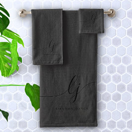 Monogram Zwarte Kalligrafie Elegant Minimaal Chic Bad Handdoek