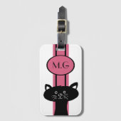 Monogram zwarte kat en roze band bagagelabel (Voorkant (verticaal))