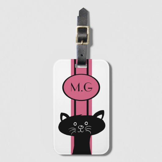 Monogram zwarte kat en roze band bagagelabel (Voorkant (verticaal))
