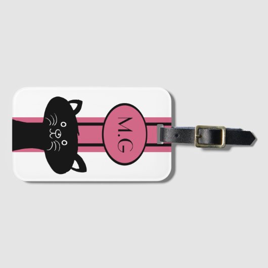 Monogram zwarte kat en roze band bagagelabel (Voorkant (horizontaal))
