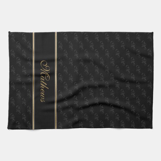 Monogram zwarte koolstof Naam Theedoek (Horizontaal)