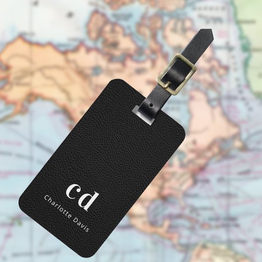 Monogram zwarte lederen textuur bagagelabel