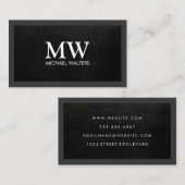Monogram | Zwarte Leer Textuur | Donkere Rand Visitekaartje (Voorkant / Achterkant)