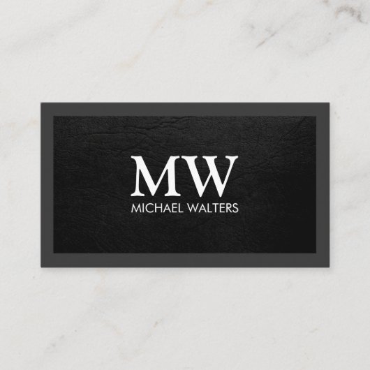 Monogram | Zwarte Leer Textuur | Donkere Rand Visitekaartje (Voorkant)