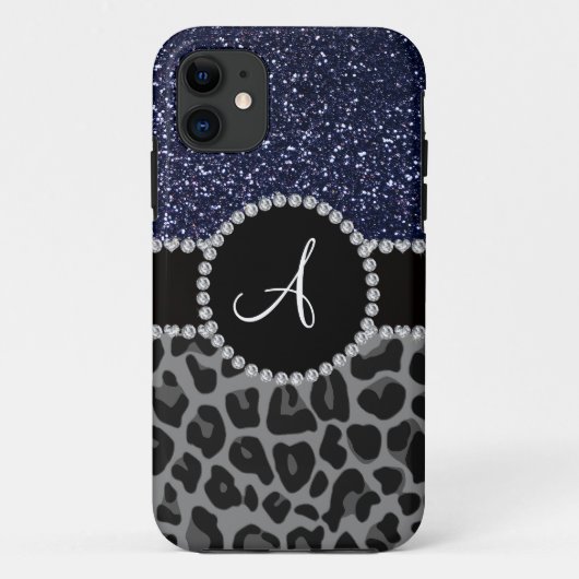Monogram zwarte leopard navy blue glitter Case-Mate iPhone case (Achterkant)