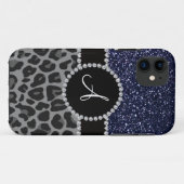 Monogram zwarte leopard navy blue glitter Case-Mate iPhone case (Achterkant (horizontaal))