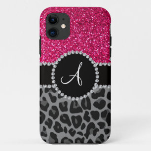 Monogram zwarte luipaard roze glitter iPhone 11 hoesje