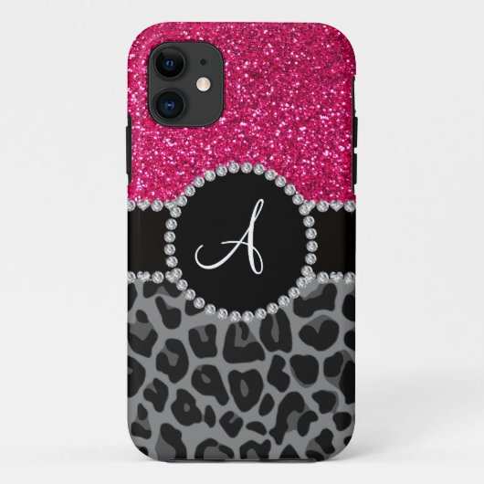 Monogram zwarte luipaard roze glitter Case-Mate iPhone case (Achterkant)