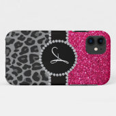 Monogram zwarte luipaard roze glitter Case-Mate iPhone case (Achterkant (horizontaal))