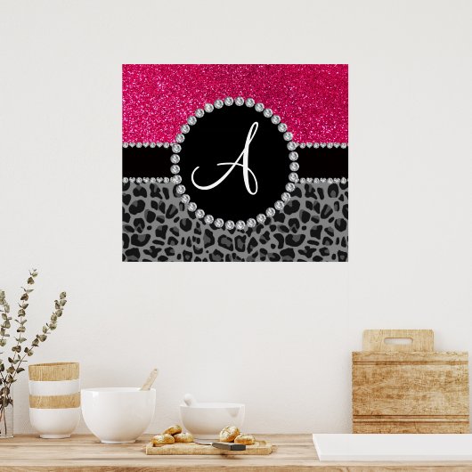 Monogram zwarte luipaard roze glitter poster (Keuken)
