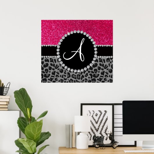 Monogram zwarte luipaard roze glitter poster (Thuiskantoor)