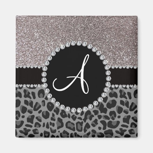 Monogram zwarte luipaard zilverglitter magneet (Voorkant)
