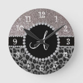 Monogram zwarte luipaard zilverglitter ronde klok (Voorkant)