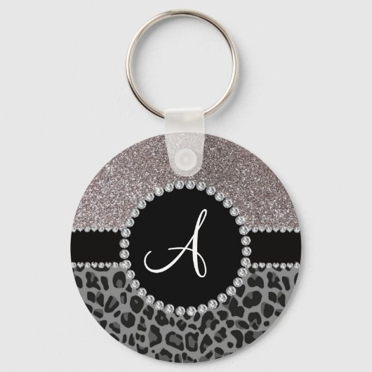 Monogram zwarte luipaard zilverglitter sleutelhanger (Voorkant)