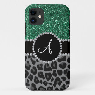Monogram zwarte luipaardmunt groene glitter Case-Mate iPhone case