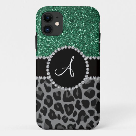 Monogram zwarte luipaardmunt groene glitter Case-Mate iPhone case (Achterkant)