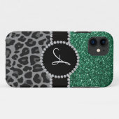 Monogram zwarte luipaardmunt groene glitter Case-Mate iPhone case (Achterkant (horizontaal))