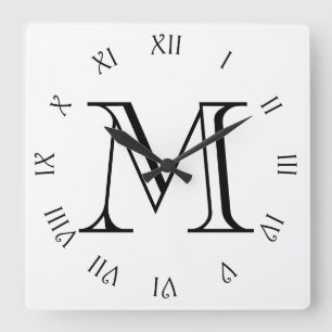 Monogram zwarte Manuscript Roman Aantallen op witt Vierkante Klok