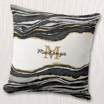 Monogram zwarte marmer Agate Gold Glitter Kussen<br><div class="desc">Zwart-witte monochrome waterverf is een prachtig vormgegeven met faux gouden details. Verander de naam en het initiaal van het monogram om te personaliseren.</div>