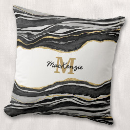 Monogram zwarte marmer Agate Gold Glitter Kussen