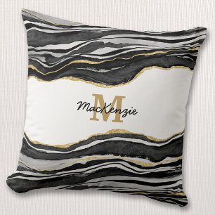 Monogram zwarte marmer Agate Gold Glitter Kussen