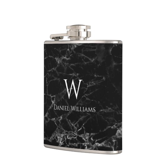 Monogram zwarte marmer Witte Naam Modern Elegant Heupfles (Links)