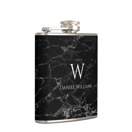 Monogram zwarte marmer Witte Naam Modern Elegant Heupfles (Rechts)
