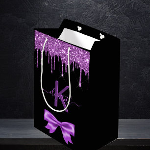 Monogram zwarte paarse glitter dank je cadeautje medium cadeauzakje