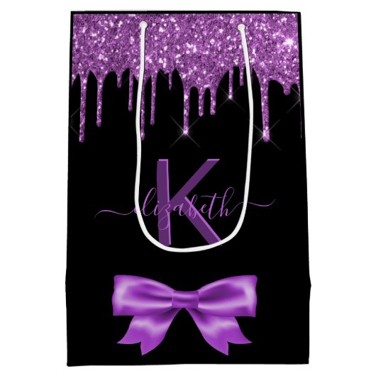 Monogram zwarte paarse glitters bedank feestfavor medium cadeauzakje (Achterkant)