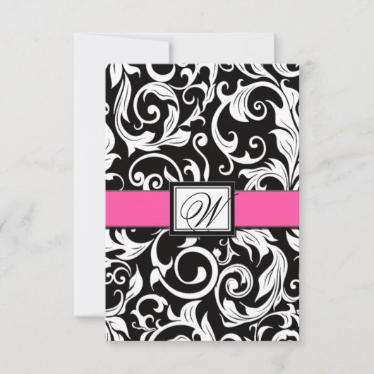 Monogram zwarte & Roze Damask Wedding RSVP-kaarten RSVP Kaartje (Voorkant)
