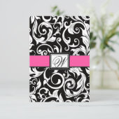 Monogram zwarte & Roze Damask Wedding RSVP-kaarten RSVP Kaartje (Staand voorkant)