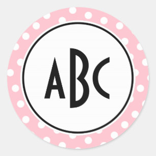Monogram zwarte roze en witte poka Dots Ronde Sticker