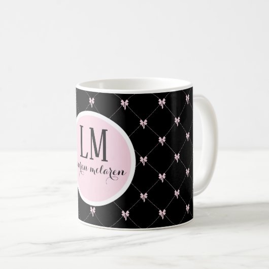 Monogram Zwarte & Roze Strik Script Koffiemok (Voorkant rechts)