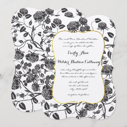 Monogram zwarte Rozen Toile Gold Border Wedding Kaart (Voorkant / Achterkant)