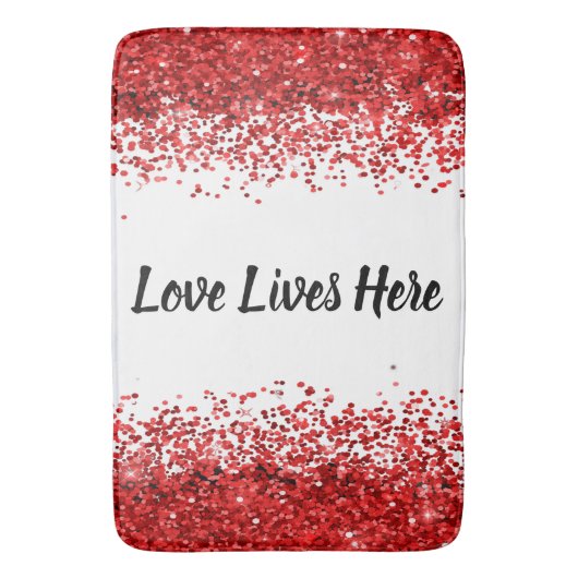 Monogram - Zwarte tekst op wit met rode glitter | Badmat (Voorkant Verticaal)