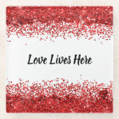 Monogram - Zwarte tekst op wit met rode glitter | Glazen Onderzetter (Voorkant)