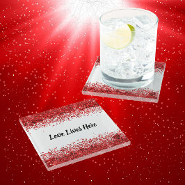 Monogram - Zwarte tekst op wit met rode glitter | Glazen Onderzetter