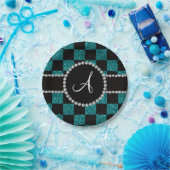 Monogram zwarte turquoise glitter checkers papieren bordje (Feest)