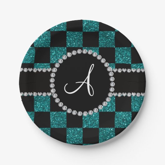 Monogram zwarte turquoise glitter checkers papieren bordje (Voorkant)