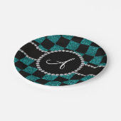 Monogram zwarte turquoise glitter checkers papieren bordje (Gekanteld)