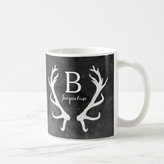 Monogram zwarte Waterverf en Rustic Deer Antlers Koffiemok (Rechts)