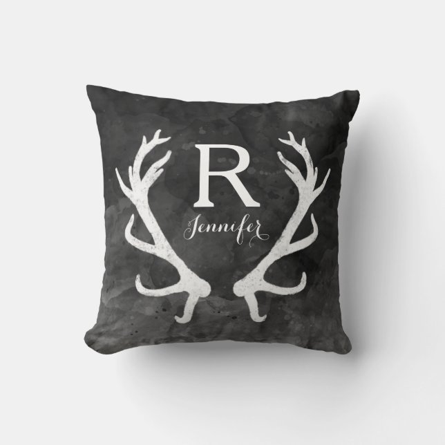 Monogram zwarte Waterverf en Rustic Deer Antlers Kussen (Voorkant)